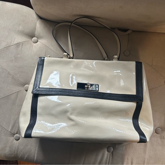 kate spade Handbags - Kate Spade Cream Black Patent Leather Color block Satchel Tote Purse Handbag
